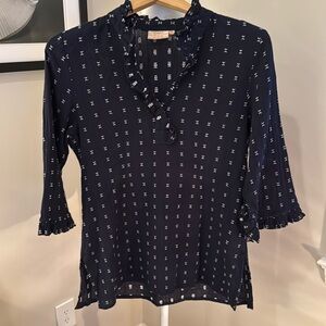 Women’s Navy Ruffle V-Neck Blouse with White Microprint
